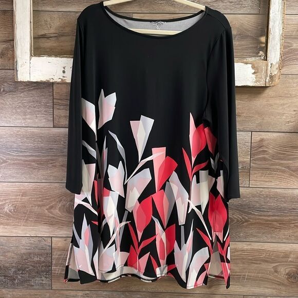 Alfani  Macys Tunic Top Boho Fairy Floral Black White Coral Multi - Picture 3 of 6